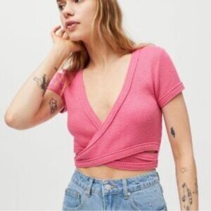 Urban Outfitters Pink Waffle Knit Wrap Crop Top Small